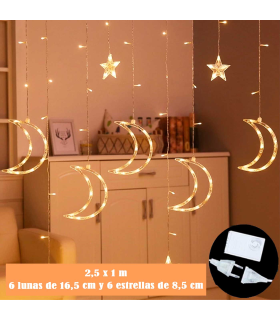 Tradineur - Cortina luces LED con lunas y estrellas, guirnalda luminosa para interior, 9W, incluye mando regulador, Navidad, ventana, pared, escaparate, bodas, fiestas (138 luces, luz blanca)