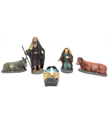 Tradineur - Set de 5 figuras del nacimiento para Belén navideño, marmolina, José, María, niño Jesús, buey y mula, adornos, pesebre, navidad, 10 cm