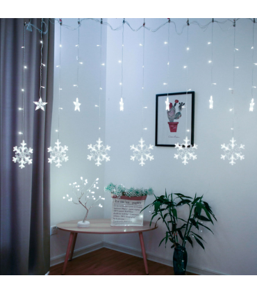 Tradineur - Cortina de luces LED con copos de nieve y estrellas, guirnalda luminosa de interior, 9W, incluye mando regulador, Navidad, ventana, escaparate, bodas, fiestas (138 luces, luz blanca)