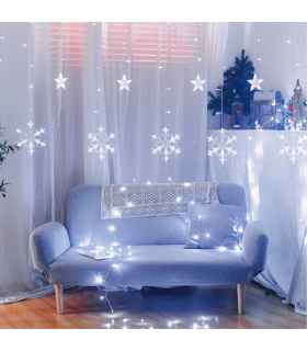 Tradineur - Cortina de luces LED con copos de nieve y estrellas, guirnalda luminosa de interior, 9W, incluye mando regulador, Navidad, ventana, escaparate, bodas, fiestas (138 luces, luz blanca)