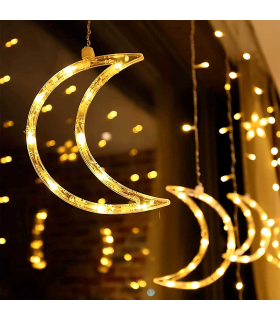 Tradineur - Cortina de luces LED con lunas y estrellas, guirnalda luminosa para interior, 9W, incluye mando regulador, Navidad, ventana, pared, escaparate, bodas, fiestas (138 luces, luz cálida)