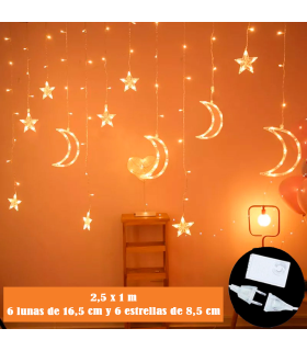 Tradineur - Cortina de luces LED con lunas y estrellas, guirnalda luminosa para interior, 9W, incluye mando regulador, Navidad, ventana, pared, escaparate, bodas, fiestas (138 luces, luz cálida)