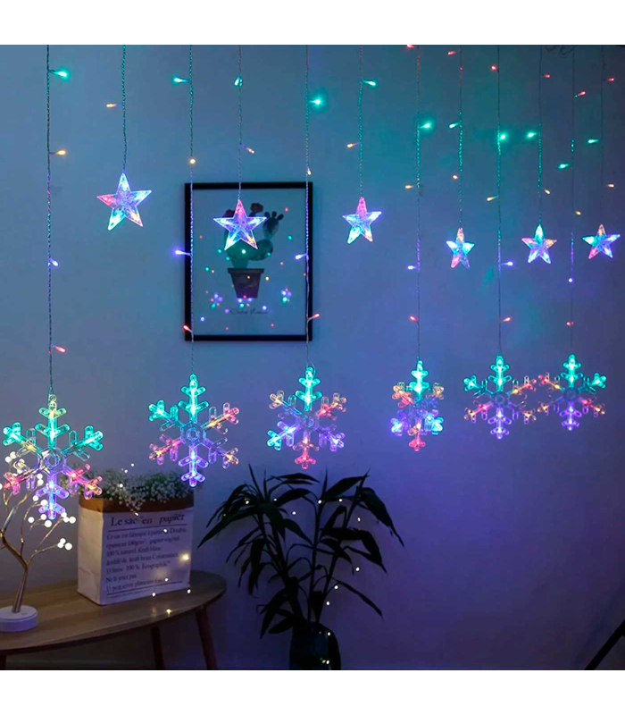 Tradineur - Cortina de luces con copos de nieve y estrellas, LED, guirnalda luminosa interior, 9W, incluye mando regulador, Navidad, ventana, escaparate, bodas, fiestas (138 luces, luz multicolor)