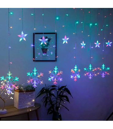 Tradineur - Cortina de luces con copos de nieve y estrellas, LED, guirnalda luminosa interior, 9W, incluye mando regulador, Navidad, ventana, escaparate, bodas, fiestas (138 luces, luz multicolor)