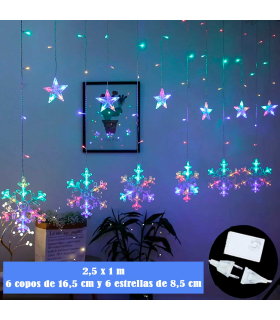 Tradineur - Cortina de luces con copos de nieve y estrellas, LED, guirnalda luminosa interior, 9W, incluye mando regulador, Navidad, ventana, escaparate, bodas, fiestas (138 luces, luz multicolor)