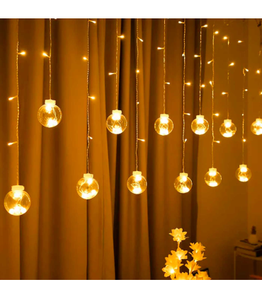 Tradineur - Cortina de luces LED con 10 bolas, guirnalda luminosa para interior, 9W, incluye mando regulador, Navidad, ventana, pared, escaparate, bodas, fiestas (138 luces, luz cálida)