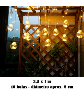 Tradineur - Cortina de luces LED con 10 bolas, guirnalda luminosa para interior, 9W, incluye mando regulador, Navidad, ventana, pared, escaparate, bodas, fiestas (138 luces, luz cálida)