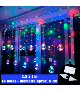 Tradineur - Cortina de luces LED, 10 bolas, guirnalda luminosa para interior, 9W, incluye mando regulador, Navidad, ventana, pared, escaparate, bodas, fiestas (138 luces, luz multicolor)