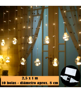 Tradineur - Cortina luces LED con 10 bolas, guirnalda luminosa para interior, 9W, incluye mando regulador, Navidad, ventana, pared, escaparate, bodas, fiestas (138 luces, luz blanca)