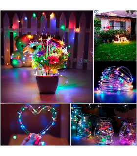 Tradineur - Alambre de 200 luces decorativas LEDs a pilas - Acto para interior y exterior - Función de luz foja e intermitente - 2 Metros - Multicolor