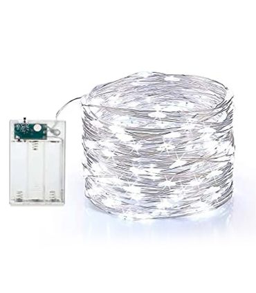 Tradineur - Alambre de 200 luces decorativas LEDs a pilas - Acto para interior y exterior - Función de luz foja e intermitente - 2 Metros - Color Blanco