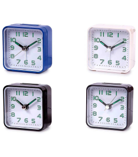 Tradineur - Reloj despertador clásico de plástico, alarma sonora, botón de apagado, funcionamiento con pila AA, 5,7 x 5,5 x 2,8 cm, color aleatorio