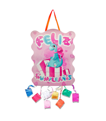 Tradineur - Piñata de dinosaurio rosa, feliz cumpleaños, cartón, rellenar con golosinas, chuches, decoración infantil para fiestas, niñas, 37 x 47 cm