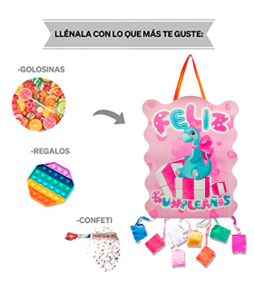 Tradineur - Piñata de dinosaurio rosa, feliz cumpleaños, cartón, rellenar con golosinas, chuches, decoración infantil para fiestas, niñas, 37 x 47 cm