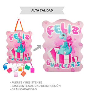 Tradineur - Piñata de dinosaurio rosa, feliz cumpleaños, cartón, rellenar con golosinas, chuches, decoración infantil para fiestas, niñas, 37 x 47 cm