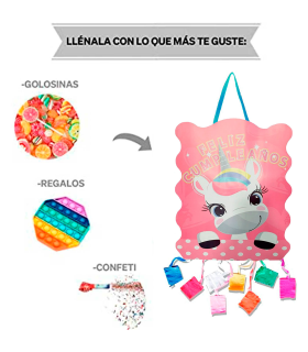 Tradineur - Piñata de unicornio, feliz cumpleaños, cartón, rellenar con golosinas, chuches, decoración infantil para fiestas, niñas (Rosa, 37 x 47 cm)