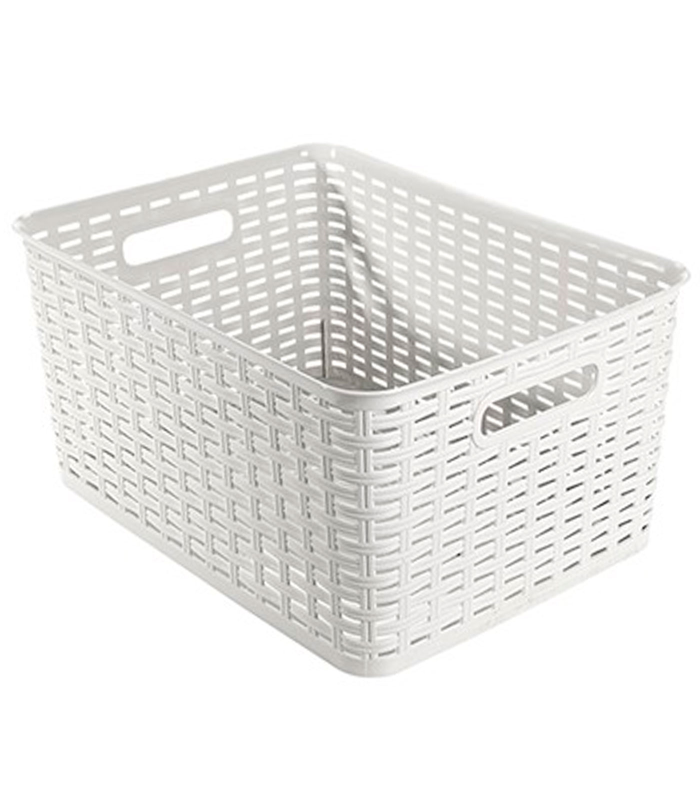 Tradineur - Cesta organizadora rectangular "Rattan", polipropileno, caja con asas, almacenamiento de ropa, productos de limpieza, frutas, verduras (Blanco, 18 litros, 39,3 x 29,4 x 19,5 cm)