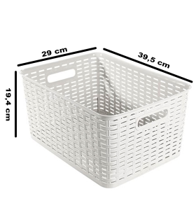 Tradineur - Cesta organizadora rectangular "Rattan", polipropileno, caja con asas, almacenamiento de ropa, productos de limpieza, frutas, verduras (Blanco, 18 litros, 39,3 x 29,4 x 19,5 cm)