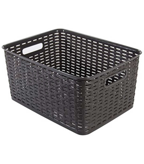 Tradineur - Cesta organizadora rectangular "Rattan" de polipropileno, caja con asas, almacenamiento de ropa, productos de limpieza, mantas, colada (Wengué, 29 litros, 41 x 35 x 23,3 cm)