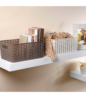 Tradineur - Cesta organizadora rectangular "Rattan" de polipropileno, caja con asas, almacenamiento de ropa, productos de limpieza, mantas, colada (Wengué, 29 litros, 41 x 35 x 23,3 cm)