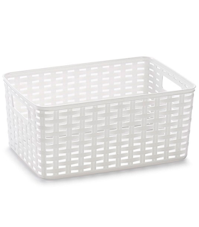 Tradineur - Cesta organizadora "Rattan" de plástico, caja con asas, almacenamiento de ropa, productos de limpieza, frutas, verduras (Blanco, 10 litros, 33 x 22 x 16 cm)