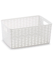 Tradineur - Cesta organizadora "Rattan" de plástico, caja con asas, almacenamiento de ropa, productos de limpieza, frutas, verduras (Blanco, 10 litros, 33 x 22 x 16 cm)