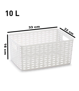 Tradineur - Cesta organizadora "Rattan" de plástico, caja con asas, almacenamiento de ropa, productos de limpieza, frutas, verduras (Blanco, 10 litros, 33 x 22 x 16 cm)