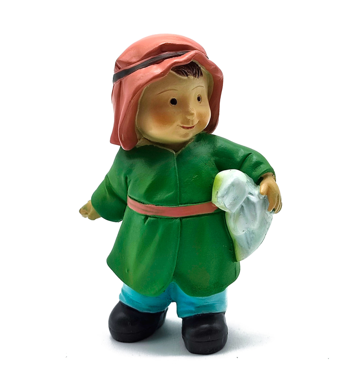 Tradineur - Figura de pastor de color verde con saco para belén - Fabricado en marmolina - Adorno divertido para nacimiento, navidad, decoración tradicional - 9,7 x 5 x 4 cm