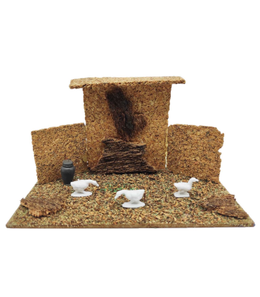 Tradineur - Corral de corcho con animales de resina para Belén, adorno, granja para nacimiento, pesebre, Navidad, decoración tradicional, 8,8 x 15,5 x 9 cm, modelo aleatorio