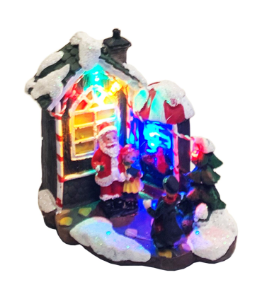 Tradineur - Ciudad de Navidad con iluminación LED - Fabricado en resina - casita de navidad nevada con figuras a pilas - 10,5 x 11,5 x 6,5 cm