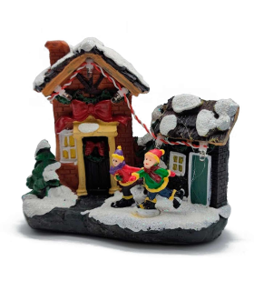 Tradineur - Ciudad de Navidad con iluminación LED - Fabricado en resina - casita de navidad nevada con figuras a pilas - 10,5 x 11,5 x 6,5 cm