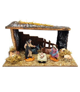 Tradineur - Nacimiento de belén - Fabricado en madera y resina - Incluye niño Jesús, virgen María, José, buey y mula - Decoración navidad tradicional - 14 x 27 x 15 cm