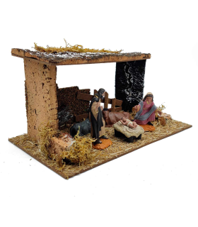 Tradineur - Nacimiento de belén - Fabricado en madera y resina - Incluye niño Jesús, virgen María, José, buey y mula - Decoración navidad tradicional - 14 x 27 x 15 cm