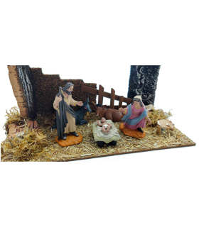 Tradineur - Nacimiento de belén - Fabricado en madera y resina - Incluye niño Jesús, virgen María, José, buey y mula - Decoración navidad tradicional - 14 x 27 x 15 cm