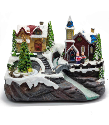 Tradineur - Casa nevada con río navideña decorativa con luces LED - Fabricado en resina - casita de navidad nevada con figuras a pilas - 15,5 x 23,5 x 16 cm