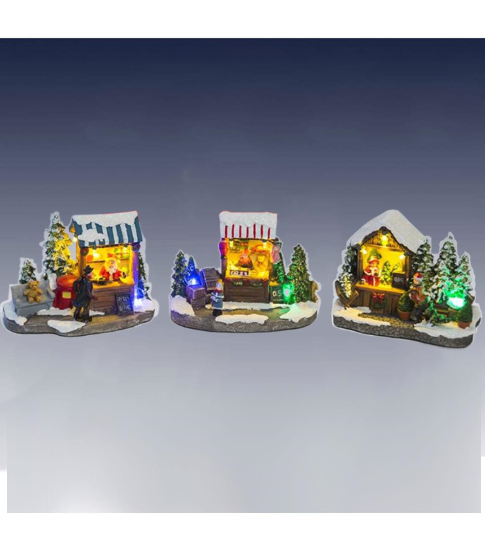 Tradineur - Paisaje navideño decorativo con luces LED - Fabricado en resina - casita de navidad nevada con figuras a pilas - 10 x 14 x 8 cm