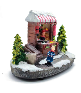 Tradineur - Paisaje navideño decorativo con luces LED - Fabricado en resina - casita de navidad nevada con figuras a pilas - 10 x 14 x 8 cm