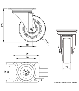 Tradineur - Rueda giratoria para muebles, goma y hierro, incluye placa de montaje, rueda de transporte para cargas pesadas, industrial, peso máx. 100 kg, Ø 125 mm