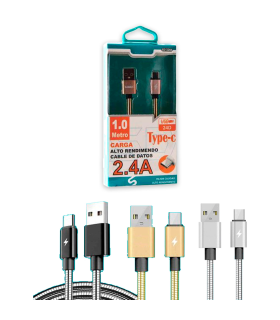 Tradineur - Cable trenzado USB / Tipo-C - Longitud de 1 Metro - Alto rendimiento, transmisión de datos y carga de datos - 2.4 A - Color Surtido