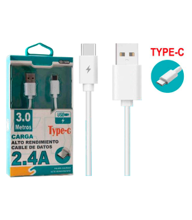 Tradineur - Cable USB / Tipo-C - Longitud de 3 Metro - Alto rendimiento, transmisión de datos y carga de datos - 2.4 A