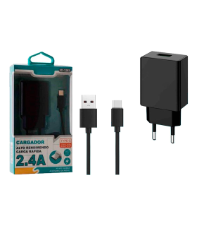 Tradineur - Cargador para móviles 2,4A - Cable USB Tipo-C - Alto rendimiento / Carga rápida - 1 Puertos USB - Color Negro