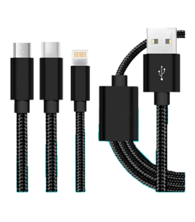 Tradineur - Cable 3 en 1 Universal USB / Tipo-C / iOS - Longitud de 1 Metro - Alto rendimiento, transmisión de datos y carga de datos - Color Surtido