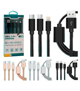 Tradineur - Cable 3 en 1 Universal USB / Tipo-C / iOS - Longitud de 1 Metro - Alto rendimiento, transmisión de datos y carga de datos - Color Surtido