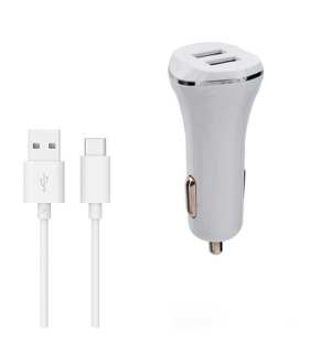 Tradineur - Cargado de mechero para coche - Cable USB Tipo-C - Alto rendimiento / Carga rápida - 2 Puertos USB - Color Blanco