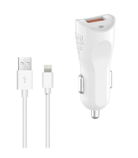 Tradineur - Cargado de mechero para coche - Cable USB Tipo-iOS - Alto rendimiento / Carga rápida - 2 Puertos USB - Color Blanco