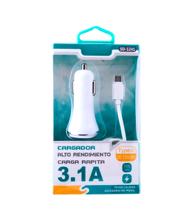 Tradineur - Cargado de mechero para coche - Cable USB Tipo-C - Alto rendimiento / Carga rápida - 2 Puertos USB - Color Blanco