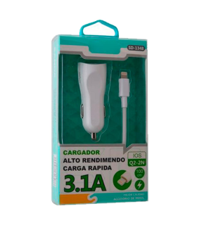 Tradineur - Cargado de mechero para coche - Cable USB Tipo-iOS - Alto rendimiento / Carga rápida - 2 Puertos USB - Color Blanco