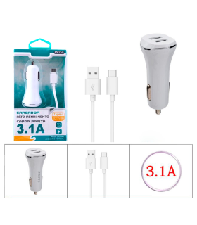 Tradineur - Cargado de mechero para coche - Cable USB Tipo-C - Alto rendimiento / Carga rápida - 2 Puertos USB - Color Blanco