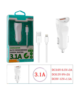 Tradineur - Cargado de mechero para coche - Cable USB Tipo-iOS - Alto rendimiento / Carga rápida - 2 Puertos USB - Color Blanco