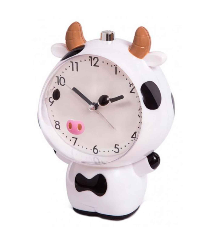 Tradineur - Reloj infantil analógico, despertador con diseño de vaca - Multifunciones - Fabricado en plástico resistente - 20 x 15 x 12 cm